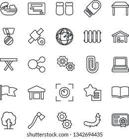 Thin Line Icon Set - book vector, medal, tree, axe, caterpillar, picnic table, satellite, warehouse, favorites list, paper clip, notebook pc, salad, salt and pepper, gear, radiator, eye scan, earth