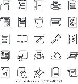 Thin Line Icon Set - book vector, pen, document, coffee, drawing pin, reload, receipt, clipboard, notes, cut, copybook, folder, search, checklist, printer, paper tray, restaurant, serviette