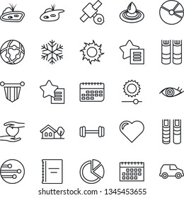 Thin Line Icon Set - book vector, pennant, sun, heart, barbell, hand, eye, satellite, term, favorites list, network, brightness, calendar, copybook, pie graph, house with tree, pond, snowflake, car