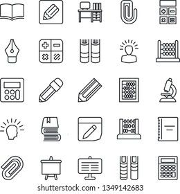 Thin Line Icon Set - book vector, calculator, abacus, desk, presentation board, pencil, microscope, notes, copybook, paper clip, ink pen, shining head
