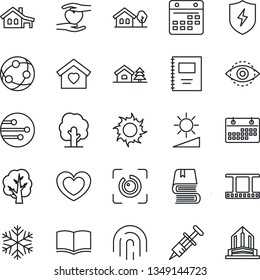 Thin Line Icon Set - book vector, tree, sun, heart, syringe, hand, film frame, network, protect, calendar, brightness, eye id, fingerprint, copybook, house with garage, sweet home, snowflake