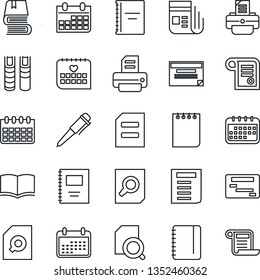 Thin Line Icon Set - book vector, document search, pen, notepad, calendar, printer, medical, news, copybook, schedule, contract