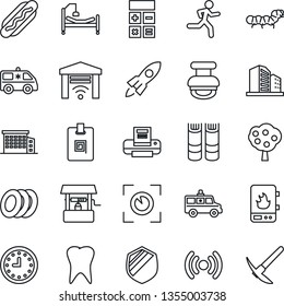 Thin Line Icon Set - book vector, calculator, well, caterpillar, ambulance car, run, hospital bed, tooth, clock, shield, identity card, printer, stamp, fruit tree, office building, plates, hot dog