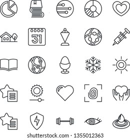 Thin Line Icon Set - book vector, pennant, circle chart, sun, heart, syringe, barbell, hand, eye, network, favorites list, protect, calendar, brightness, pie graph, house with tree, egg stand, water