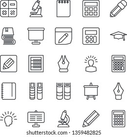 Thin Line Icon Set - book vector, calculator, graduate, notepad, presentation board, microscope, notes, abacus, ink pen, pencil, shining head