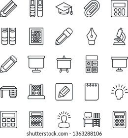 Thin Line Icon Set - book vector, calculator, graduate, abacus, desk, notepad, presentation board, pencil, microscope, notes, paper clip, ink pen, shining head