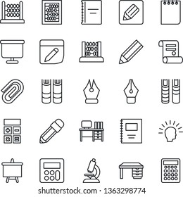 Thin Line Icon Set - book vector, calculator, abacus, desk, notepad, presentation board, contract, microscope, notes, copybook, paper clip, ink pen, pencil, shining head