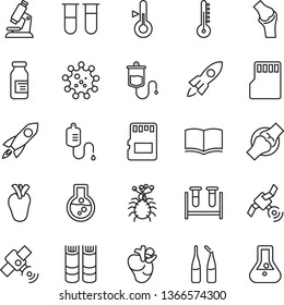 Thin Line Icon Set - book vector, blood test vial, dropper, microscope, ampoule, real heart, joint, virus, satellite, sd, thermometer, rocket, flask