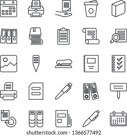 Thin Line Icon Set - book vector, office binder, document search, pen, coffee, reload, printer, contract, plant label, gallery, calendar, clipboard, copybook, news, blank box, checklist, paper