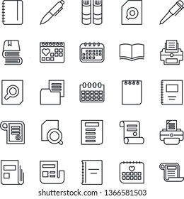 Thin Line Icon Set - book vector, document search, pen, notepad, calendar, printer, contract, medical, folder, copybook, news