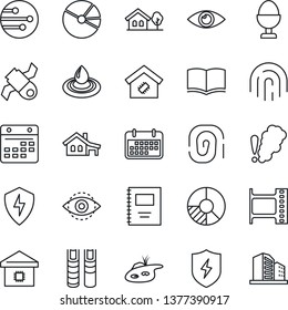 Thin Line Icon Set - book vector, circle chart, eye, satellite, term, film frame, protect, network, calendar, id, fingerprint, copybook, pie graph, house with garage, tree, pond, smart home, water