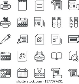 Thin Line Icon Set - book vector, document search, pen, notepad, calendar, printer, contract, medical, news, schedule