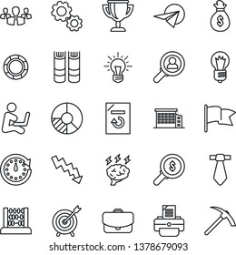 Thin Line Icon Set - book vector, abacus, crisis graph, brainstorm, bulb, document reload, circle chart, printer, office building, target, consumer search, group, gear, money bag, clock, idea, flag