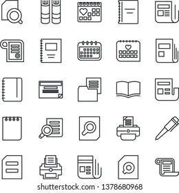 Thin Line Icon Set - book vector, document search, pen, notepad, printer, medical calendar, folder, news, copybook, schedule, contract