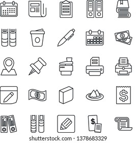 Thin Line Icon Set - book vector, office binder, pen, coffee, calendar, printer, pin, cash, receipt, news, paper, notes, clipboard, blank box, copier, serviette, restaurant, contract
