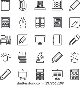 Thin Line Icon Set - book vector, calculator, abacus, desk, notepad, presentation board, pencil, microscope, notes, paper clip, ink pen, shining head