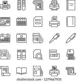 Thin Line Icon Set - book vector, pen, notepad, document, calendar, printer, contract, medical, news, copybook, search