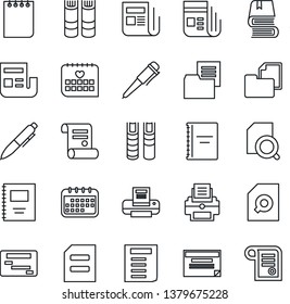 Thin Line Icon Set - book vector, pen, notepad, document, contract, medical calendar, folder, news, copybook, search, printer, schedule