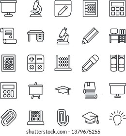 Thin Line Icon Set - book vector, calculator, graduate, abacus, desk, presentation board, contract, microscope, notes, paper clip, pencil, shining head