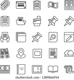 Thin Line Icon Set - book vector, office binder, document search, drawing pin, cash, clipboard, paper, folder, notes, copybook, clip, blank box, copier, contract, plan, serviette, schedule