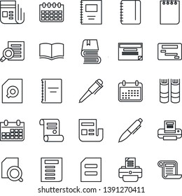 Thin Line Icon Set - book vector, document search, pen, notepad, calendar, printer, contract, news, copybook, schedule