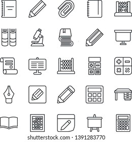 Thin Line Icon Set - book vector, calculator, abacus, desk, notepad, presentation board, pencil, contract, microscope, notes, copybook, paper clip, ink pen