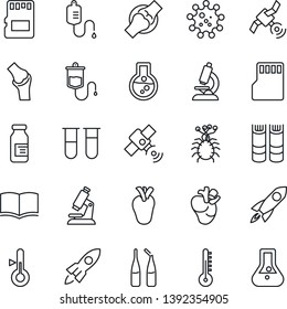 Thin Line Icon Set - book vector, blood test vial, dropper, microscope, ampoule, real heart, joint, virus, satellite, sd, thermometer, rocket, flask
