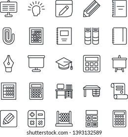 Thin Line Icon Set - book vector, calculator, graduate, abacus, desk, notepad, presentation board, pencil, contract, notes, copybook, paper clip, ink pen, shining head