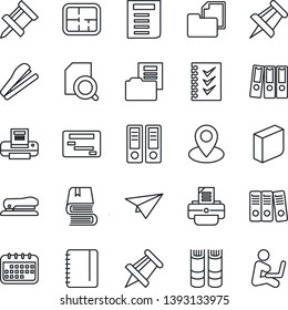 Thin Line Icon Set - book vector, office binder, notepad, document, drawing pin, printer, folder, search, blank box, checklist, paper, stapler, plan, calendar, plane, schedule, man with notebook