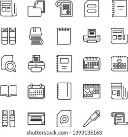 Thin Line Icon Set - book vector, pen, notepad, document, printer, medical calendar, folder, news, copybook, search, schedule, contract