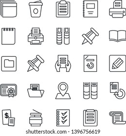 Thin Line Icon Set - book vector, notepad, coffee, document, drawing pin, reload, printer, clipboard, paper, folder, notes, copybook, blank box, checklist, copier, restaurant receipt, certificate