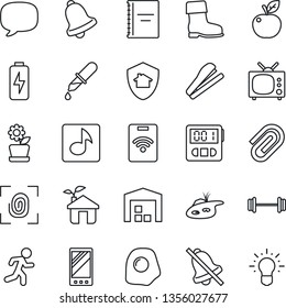 Thin Line Icon Set - boot vector, dropper, barbell, run, mobile, message, stopwatch, bell, mute, music, charge, copybook, paper clip, stapler, pond, warehouse, tv, flower in pot, omelette, eco house