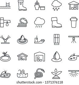 Thin Line Icon Set - boot vector, water drop, rain, hose, pond, drip irrigation, sea shipping, port, warehouse, pool, drink, filter, sprinkler