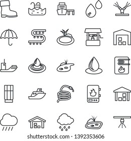 Thin Line Icon Set - boot vector, water drop, rain, well, hose, pond, drip irrigation, sea shipping, port, umbrella, warehouse, pool, drink, heater, sprinkler