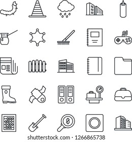 Thin Line Icon Set - border cone vector, luggage scales, office binder, abacus, notepad, shovel, fence, rake, boot, rain, caterpillar, satellite, news, gamepad, record, folder, copybook, building