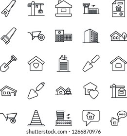 Thin Line Icon Set - border cone vector, airport building, office, trowel, shovel, wheelbarrow, saw, hospital, house, with garage, tree, estate document, sweet home, city, crane, message