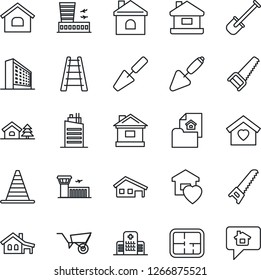Thin Line Icon Set - border cone vector, airport building, office, trowel, shovel, ladder, wheelbarrow, saw, house, hospital, with garage, tree, plan, estate document, sweet home, city, message