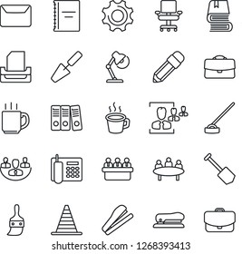 Thin Line Icon Set - border cone vector, meeting, job, trowel, hoe, settings, themes, case, coffee, copybook, company, hr, office phone, chair, paper binder, desk lamp, tray, pencil, book, stapler