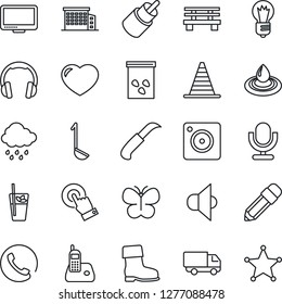 Thin Line Icon Set - border cone vector, bulb, boot, butterfly, rain, garden knife, bench, seeds, car delivery, speaker, microphone, touch screen, headphones, monitor, radio phone, heart, rca, ladle