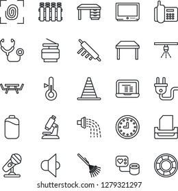 Thin Line Icon Set - border cone vector, desk, notebook pc, rake, watering, picnic table, stethoscope, blood pressure, microscope, office phone, clock, microphone, speaker, tv, battery, paper tray
