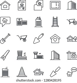 Thin Line Icon Set - border cone vector, airport building, office, trowel, shovel, ladder, wheelbarrow, saw, hospital, house, with garage, tree, plan, estate document, sweet home, city, crane