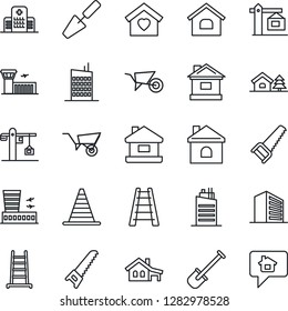 Thin Line Icon Set - border cone vector, airport building, office, trowel, shovel, ladder, wheelbarrow, saw, house, hospital, with garage, tree, sweet home, city, crane, message