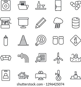Thin Line Icon Set - border cone vector, storm cloud, document search, watering, well, pills, oil barrel, speaker, presentation board, folder, identity card, pencil, house with garage, pool, client