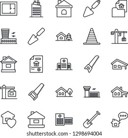 Thin Line Icon Set - border cone vector, airport building, trowel, shovel, saw, house, hospital, with garage, tree, plan, estate document, sweet home, city, crane, message