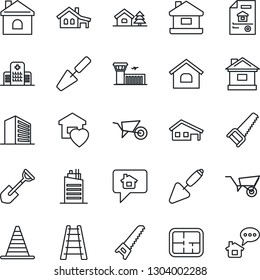 Thin Line Icon Set - border cone vector, airport building, office, trowel, shovel, ladder, wheelbarrow, saw, house, hospital, with garage, tree, plan, estate document, sweet home, city, message