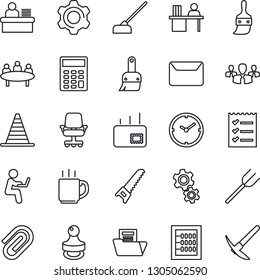 Thin Line Icon Set - border cone vector, meeting, farm fork, saw, hoe, settings, themes, coffee, clock, paper clip, document folder, calculator, abacus, checklist, manager desk, stamp, mail, gear