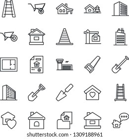 Thin Line Icon Set - border cone vector, airport building, office, trowel, shovel, ladder, wheelbarrow, saw, house, with garage, tree, plan, estate document, sweet home, city, crane, message