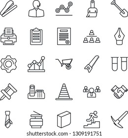 Thin Line Icon Set - border cone vector, team, job, wheelbarrow, saw, blood test vial, settings, themes, clipboard, drawing pin, ink pen, office phone, blank box, support, point graph, printer, tie