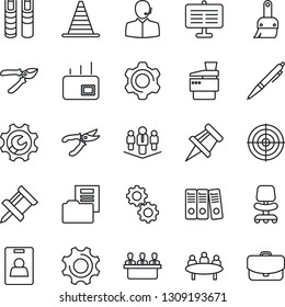 Thin Line Icon Set - border cone vector, office chair, meeting, pruner, settings, themes, root setup, presentation board, drawing pin, document folder, identity card, support, paper binder, target