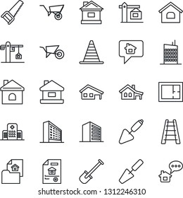 Thin Line Icon Set - border cone vector, office building, trowel, shovel, ladder, wheelbarrow, saw, house, hospital, with garage, plan, estate document, city, crane, home message